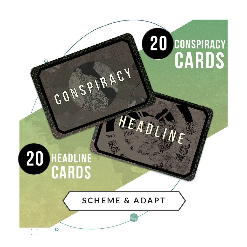 sample conspiracy and headline cards from the shasn boardgame. Form Majorities.